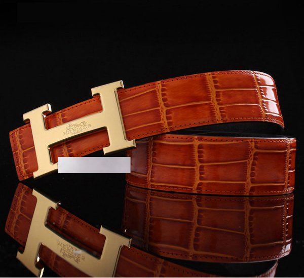 Hermes 2014 Crocodile Stripe Leather Reversible Belt Orange/Blac